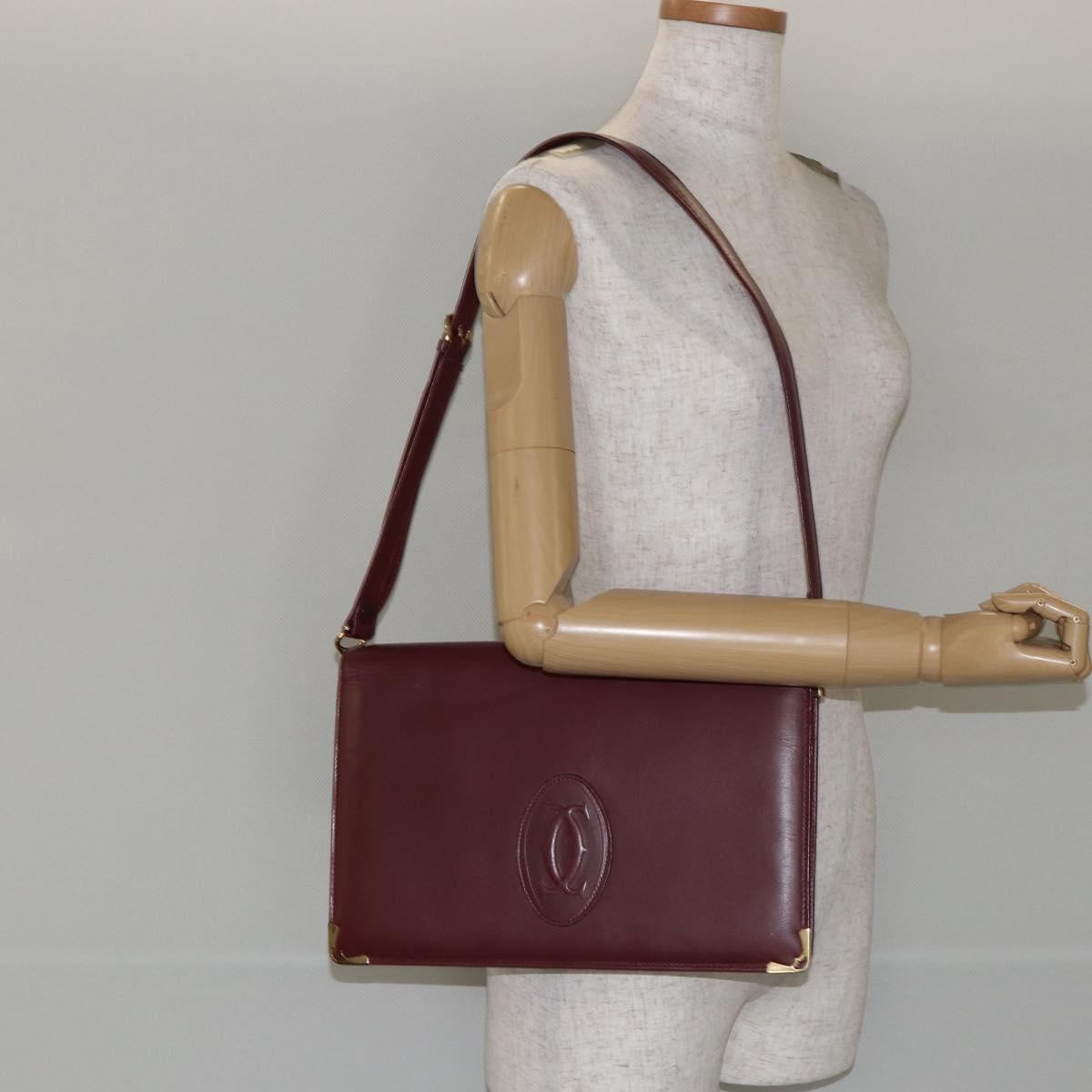 CARTIER Shoulder Bag Leather Bordeaux Gold Auth 145999