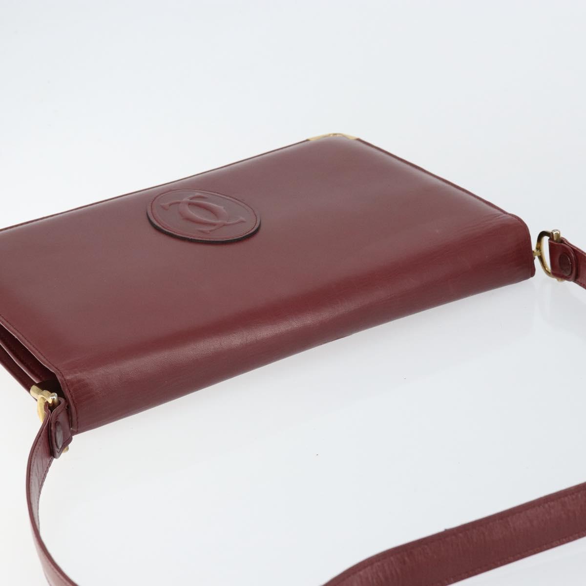 CARTIER Shoulder Bag Leather Bordeaux Gold Auth 145999
