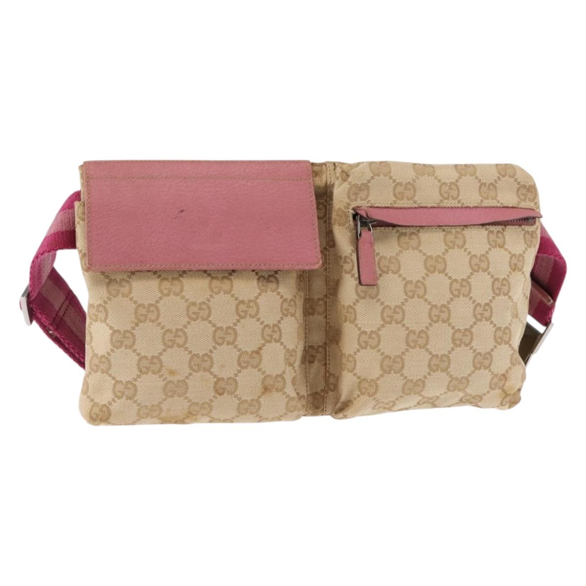 GUCCI GG Canvas Sherry Line Waist Bag Beige Pink Silver 28566 Auth 146009