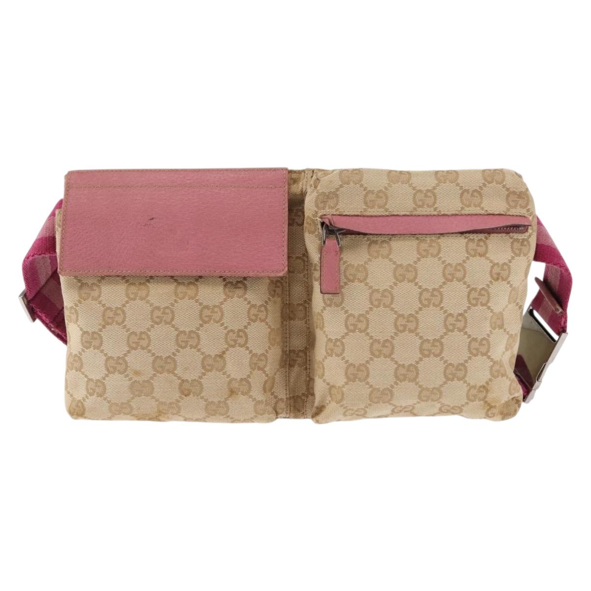 GUCCI GG Canvas Sherry Line Waist Bag Beige Pink Silver 28566 Auth 146009