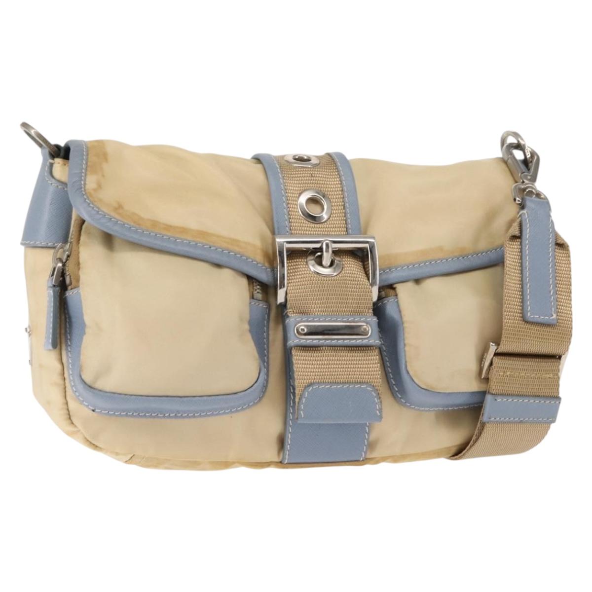 PRADA Shoulder Bag Nylon Beige Silver Auth 146015