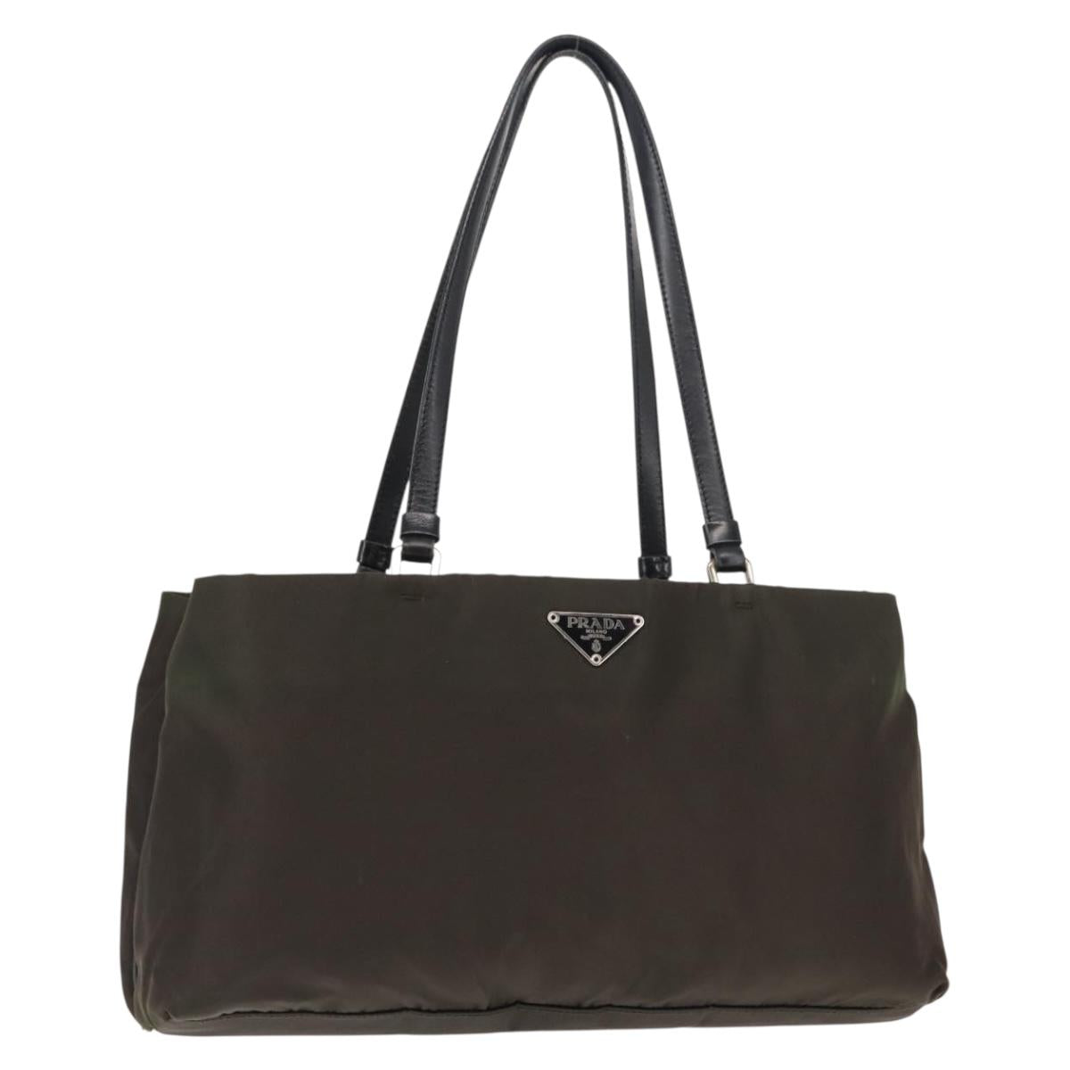PRADA Tote Bag Nylon Khaki Silver Auth 146018