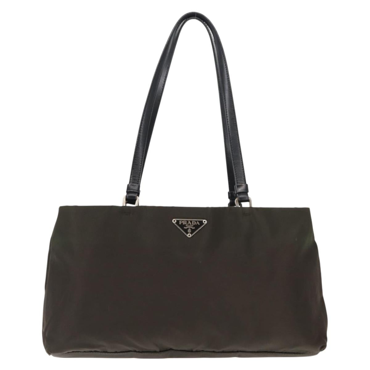 PRADA Tote Bag Nylon Khaki Silver Auth 146018