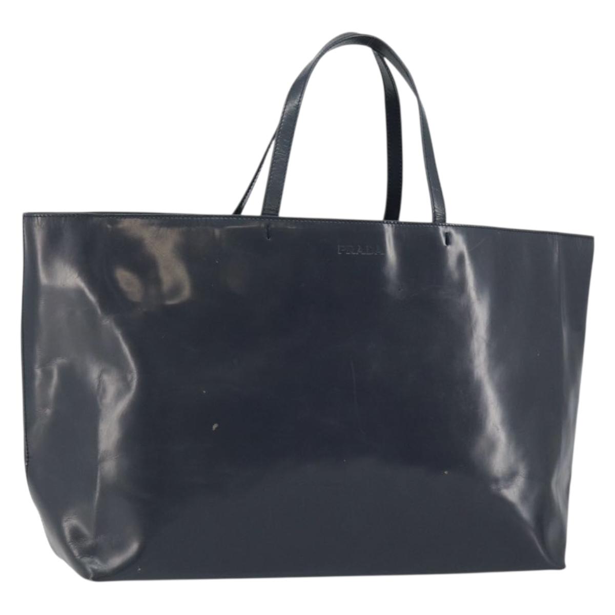 PRADA Tote Bag Enamel Navy Silver Auth 146022