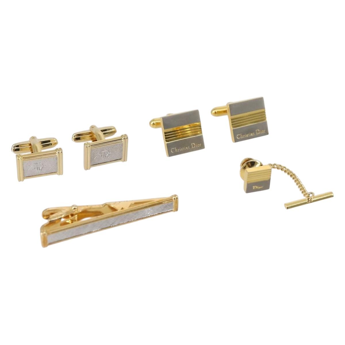Christian Dior Nek Tie Pin Cuffs metal 2Set Gold Tone Auth 146046