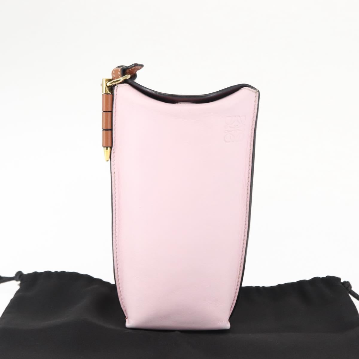 LOEWE Anagram Phone Shoulder Pouch Leather Gold Pink Orange Auth 146048