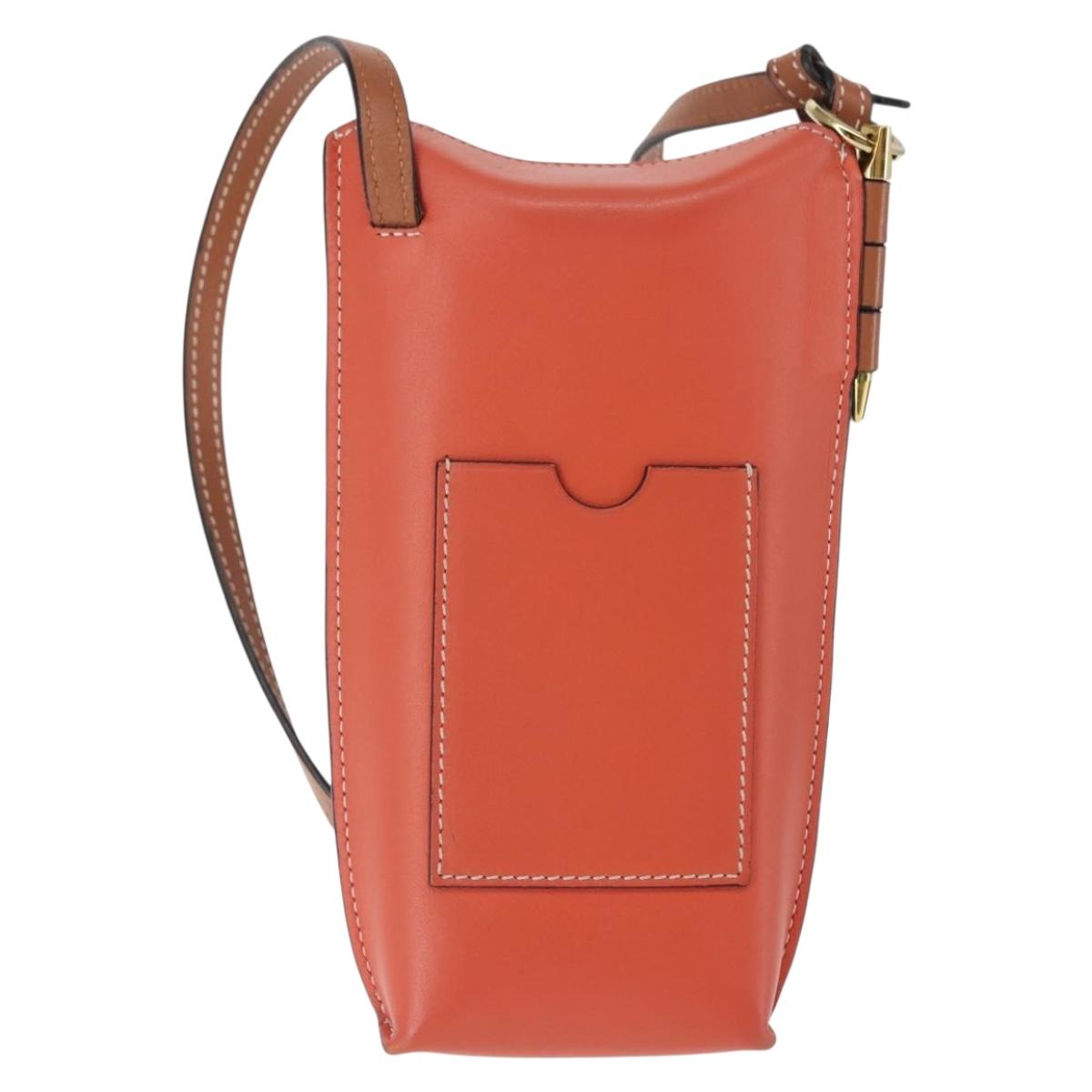 LOEWE Anagram Phone Shoulder Pouch Leather Gold Pink Orange Auth 146048