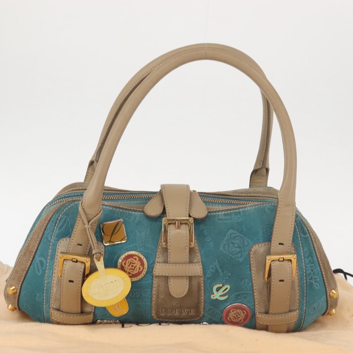 LOEWE 160th Anniversary Model Hand Bag Suede Turquoise Blue Gold Auth 146049