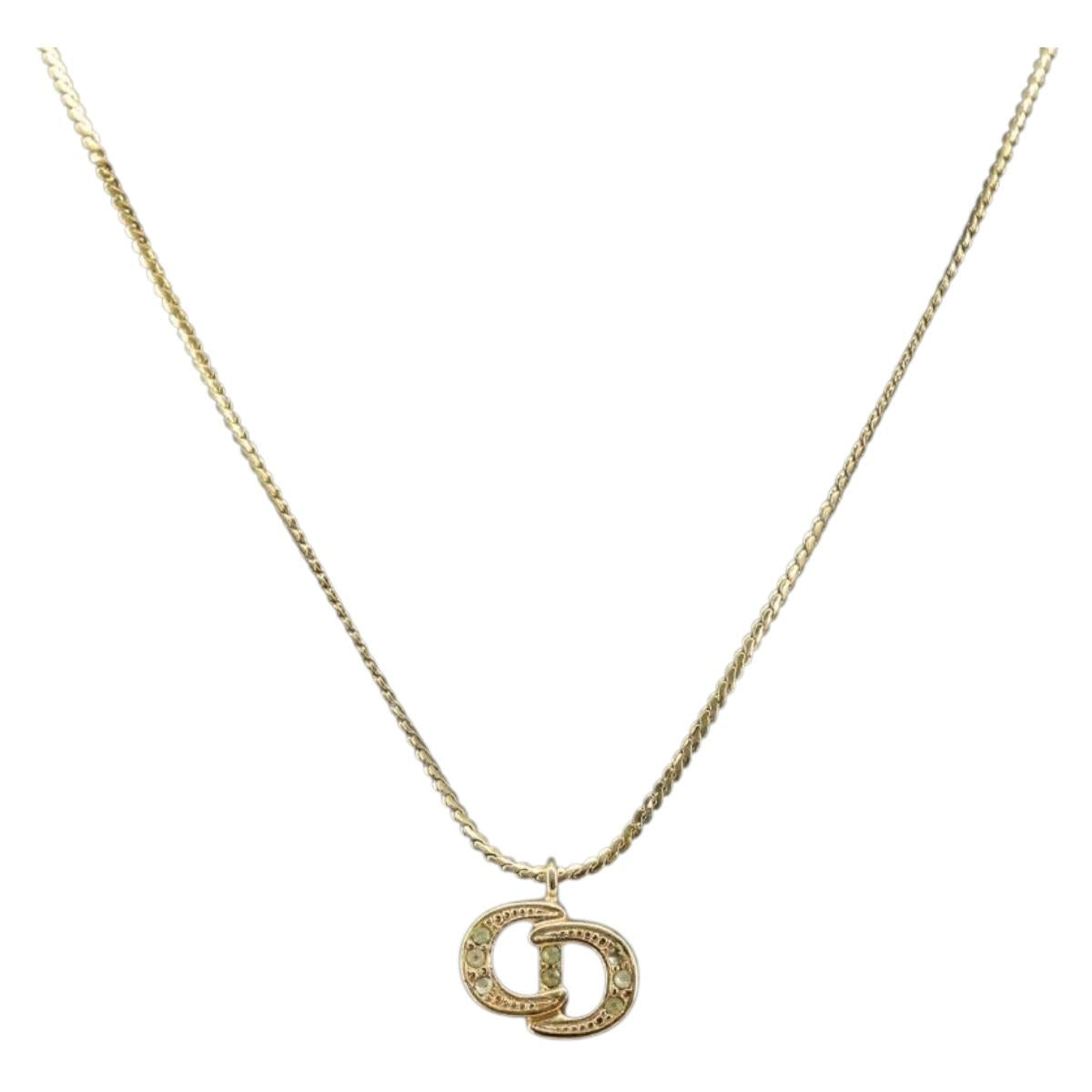 Christian Dior Rhinestone CD Logo Necklace metal Gold Tone Auth 146052