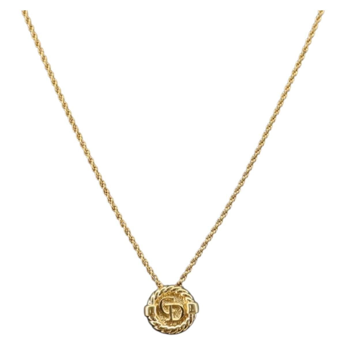 Christian Dior Rope Circle CD Logo Necklace metal Gold Tone Auth 146053