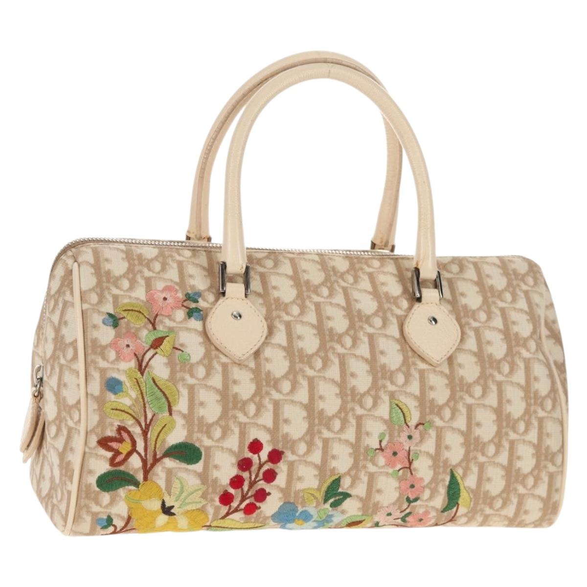 Christian Dior Trotter Canvas Romantic Hand Bag PVC Beige Silver Auth 146067V