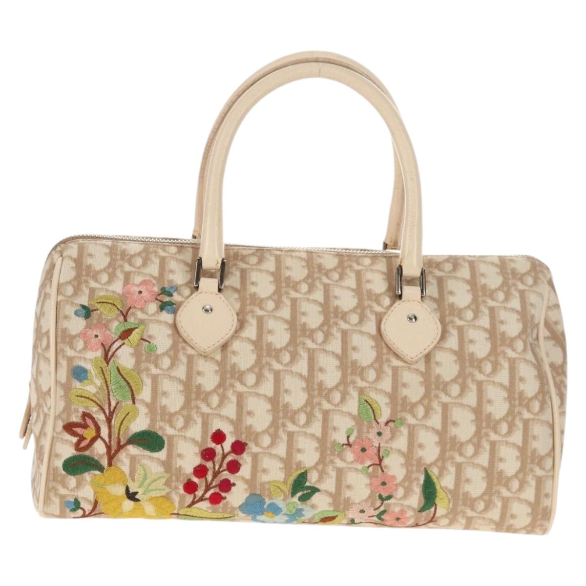 Christian Dior Trotter Canvas Romantic Hand Bag PVC Beige Silver Auth 146067V