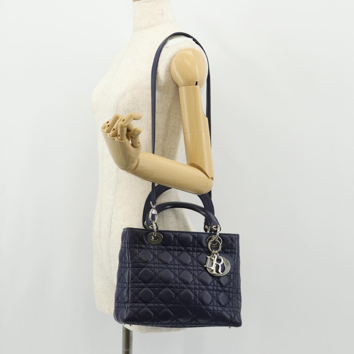 Christian Dior Lady Dior Canage Hand Bag Leather 2way Navy Silver Auth 146073M