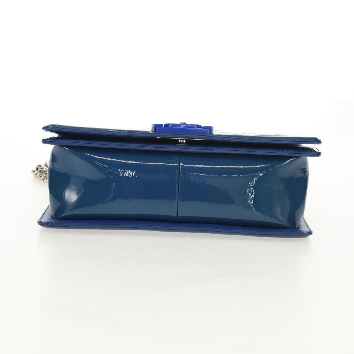 CHANEL Chain Boy Chanel Shoulder Bag Patent Blue Silver CC Auth 146082SAM