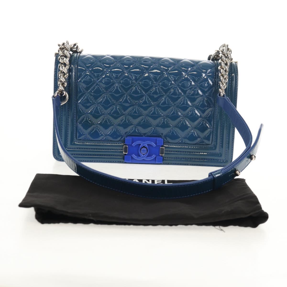 CHANEL Chain Boy Chanel Shoulder Bag Patent Blue Silver CC Auth 146082SAM