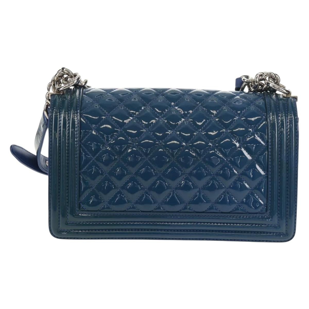 CHANEL Chain Boy Chanel Shoulder Bag Patent Blue Silver CC Auth 146082SAM