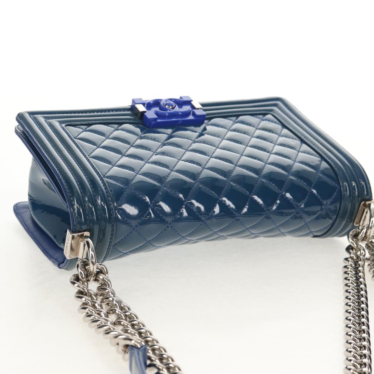 CHANEL Chain Boy Chanel Shoulder Bag Patent Blue Silver CC Auth 146082SAM