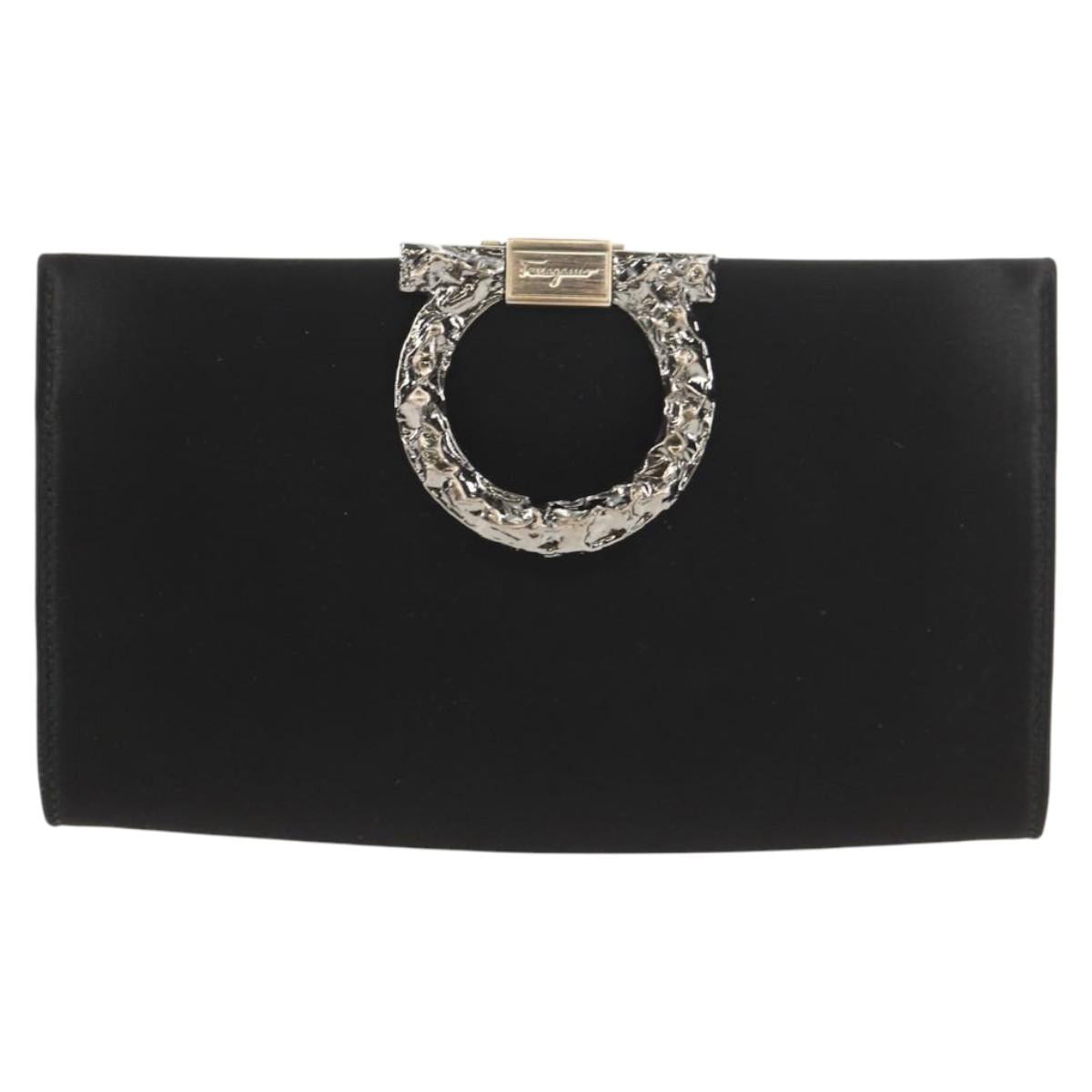 Salvatore Ferragamo Gancini Clutch Bag Satin Black Silver Auth 146102V