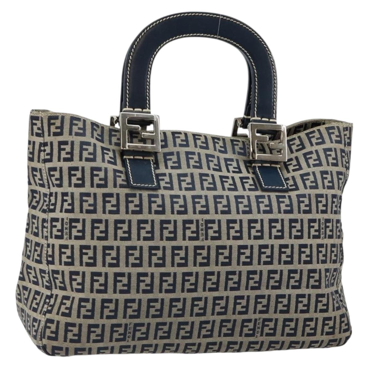 FENDI Zucchino Canvas Hand Bag Navy Silver Auth 146104