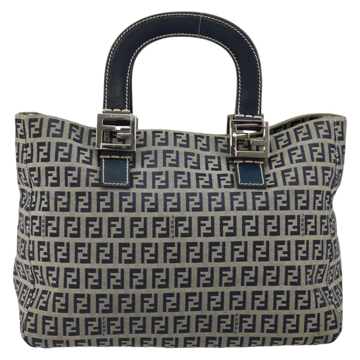 FENDI Zucchino Canvas Hand Bag Navy Silver Auth 146104