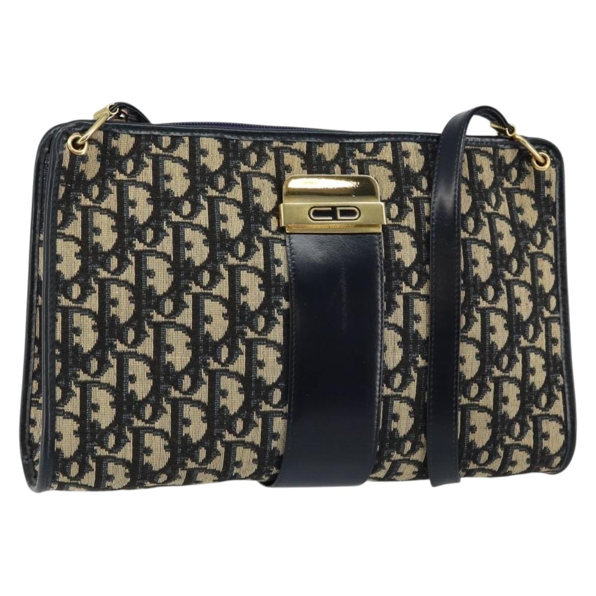 Christian Dior Trotter Canvas Shoulder Bag Navy Gold Auth 146107