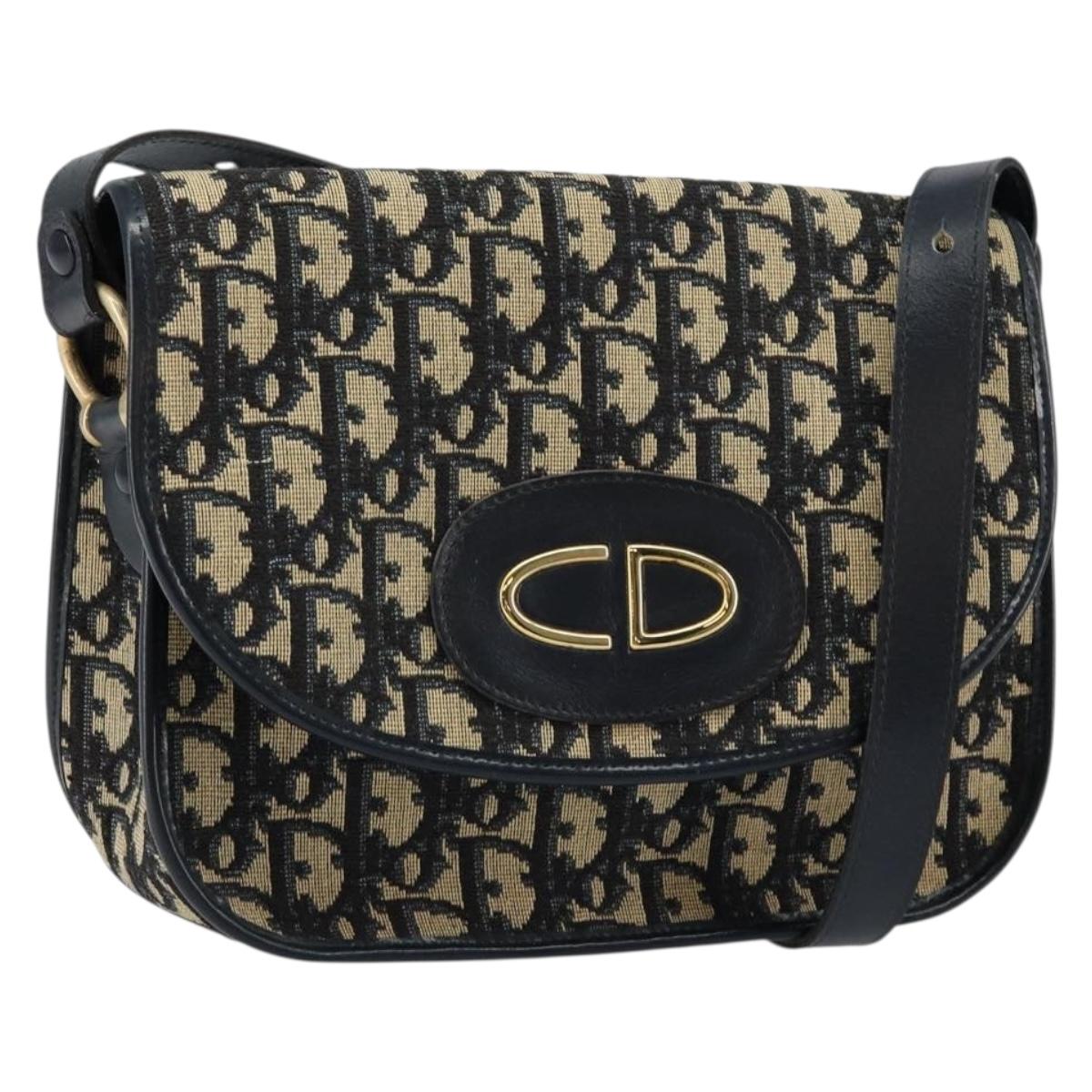 Christian Dior Trotter Canvas Shoulder Bag Navy Gold Auth 146108
