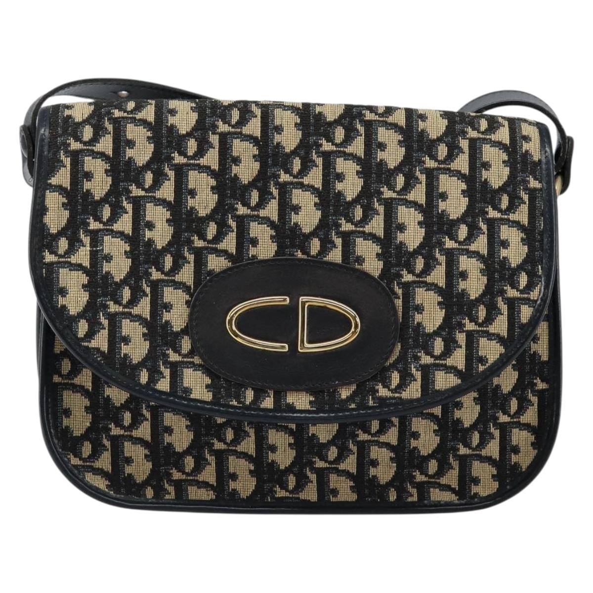 Christian Dior Trotter Canvas Shoulder Bag Navy Gold Auth 146108