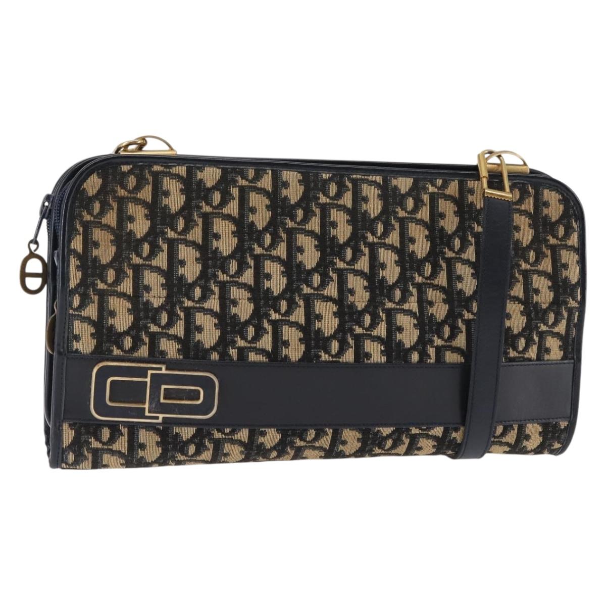 Christian Dior Trotter Canvas Shoulder Bag Navy Gold Auth 146109