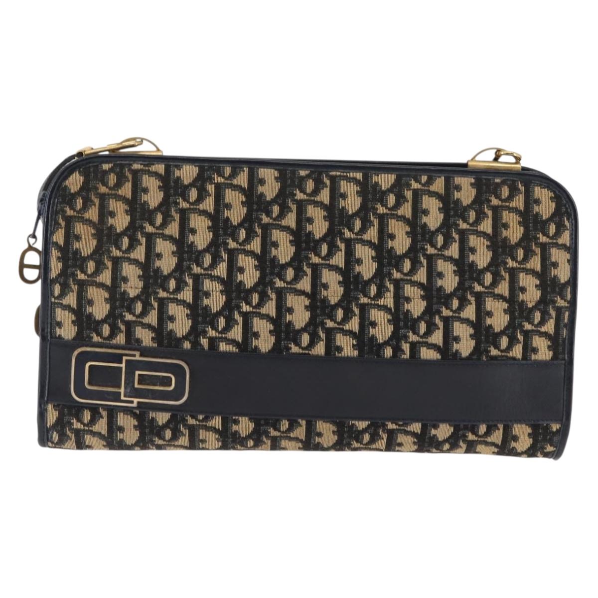 Christian Dior Trotter Canvas Shoulder Bag Navy Gold Auth 146109