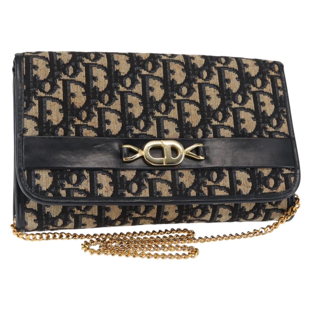 Christian Dior Trotter Canvas Chain Shoulder Bag Navy Gold Auth 146110