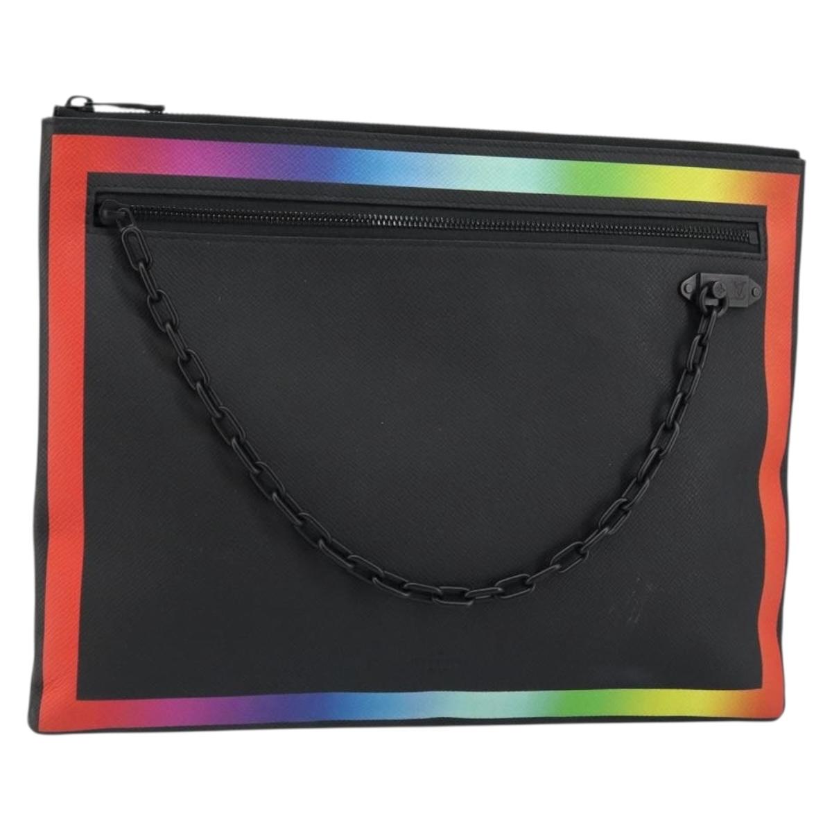LOUIS VUITTON taiga rainbow Chain Pochette A4 Bag Black M30347 LV Auth 146128