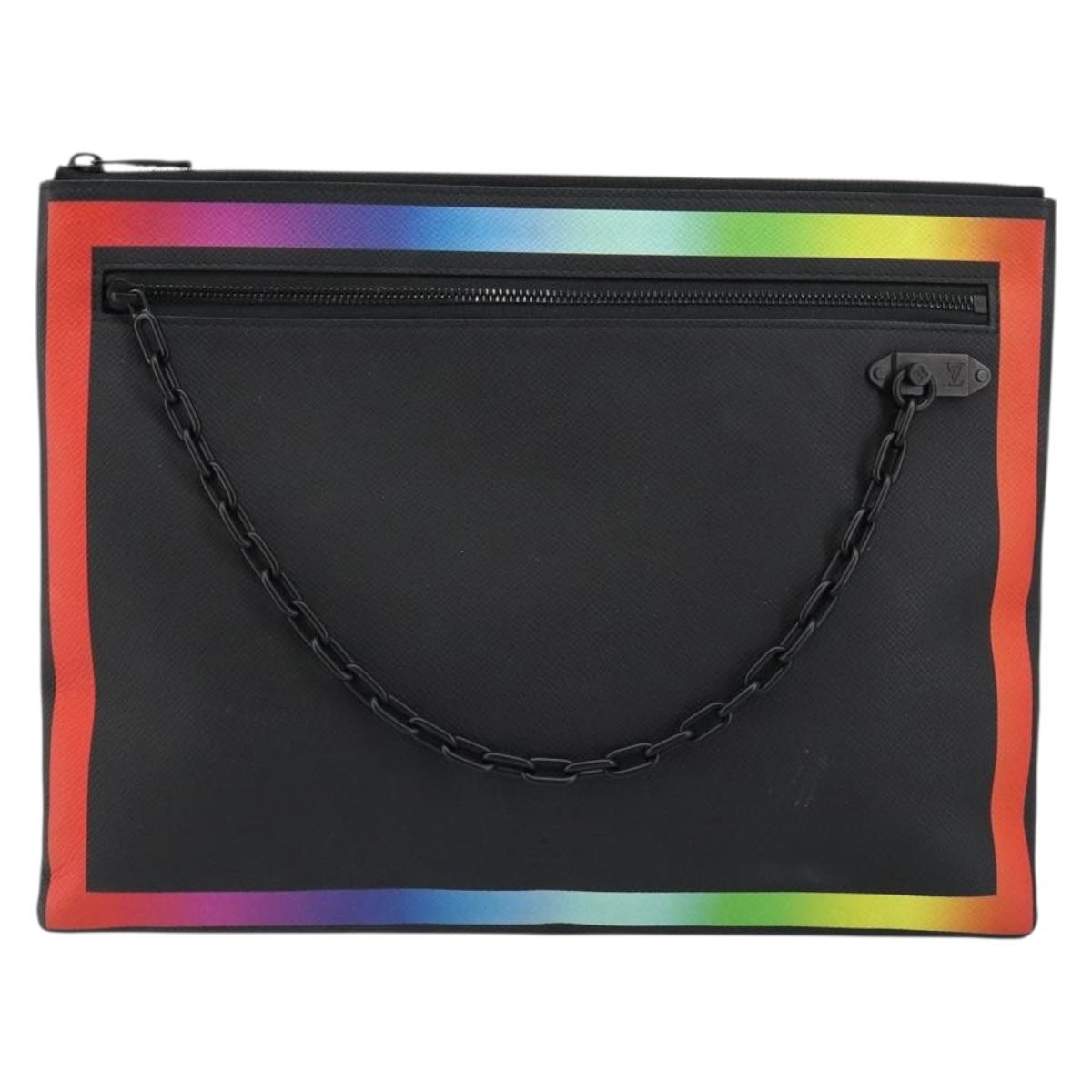 LOUIS VUITTON taiga rainbow Chain Pochette A4 Bag Black M30347 LV Auth 146128