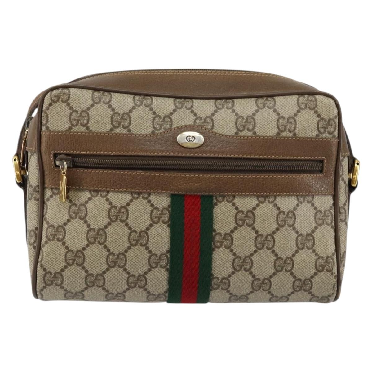GUCCI GG Canvas Web Sherry Line Shoulder Bag PVC Leather Beige Red Auth 146142