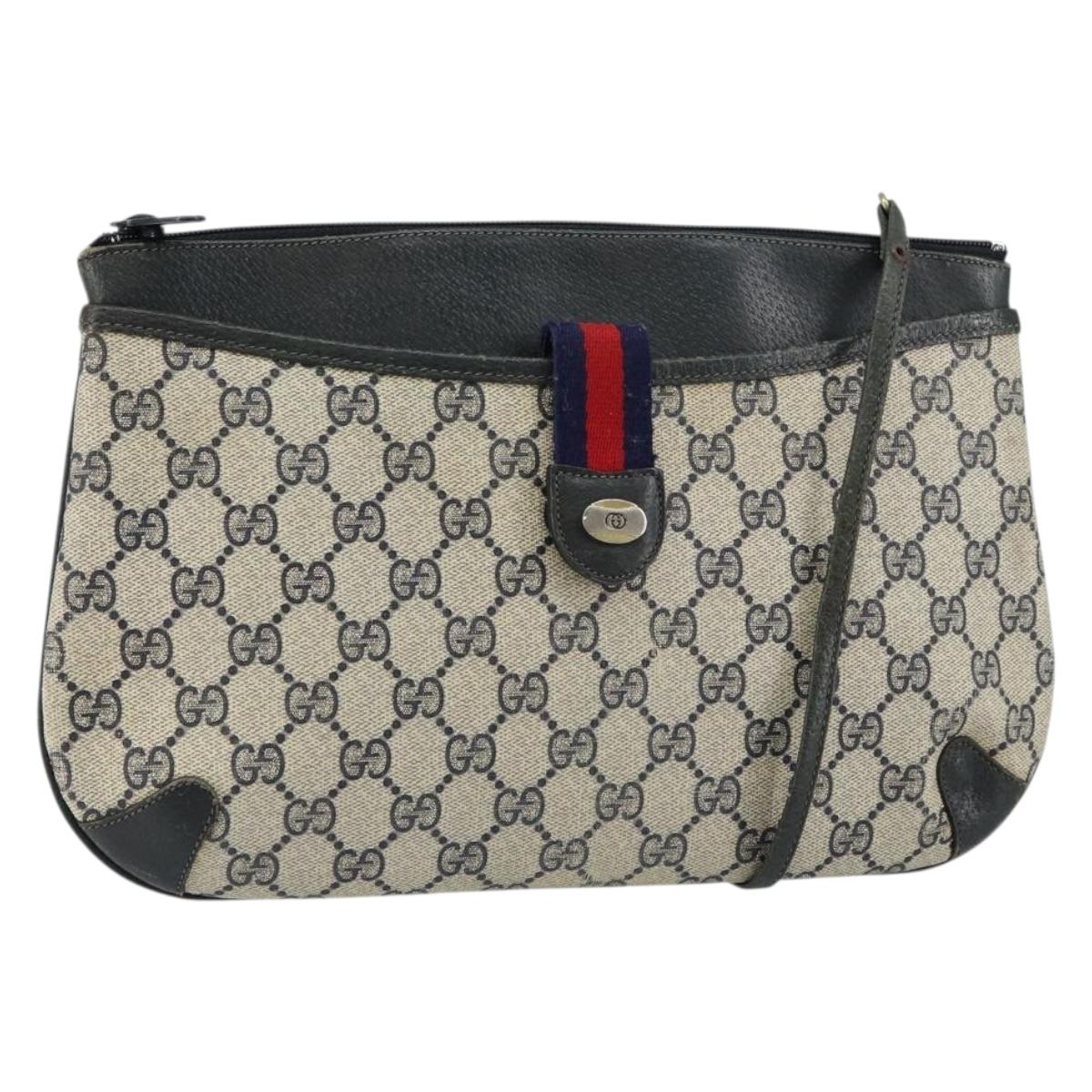 GUCCI GG Canvas Sherry Line Shoulder Bag PVC Leather Navy Red Auth 146144