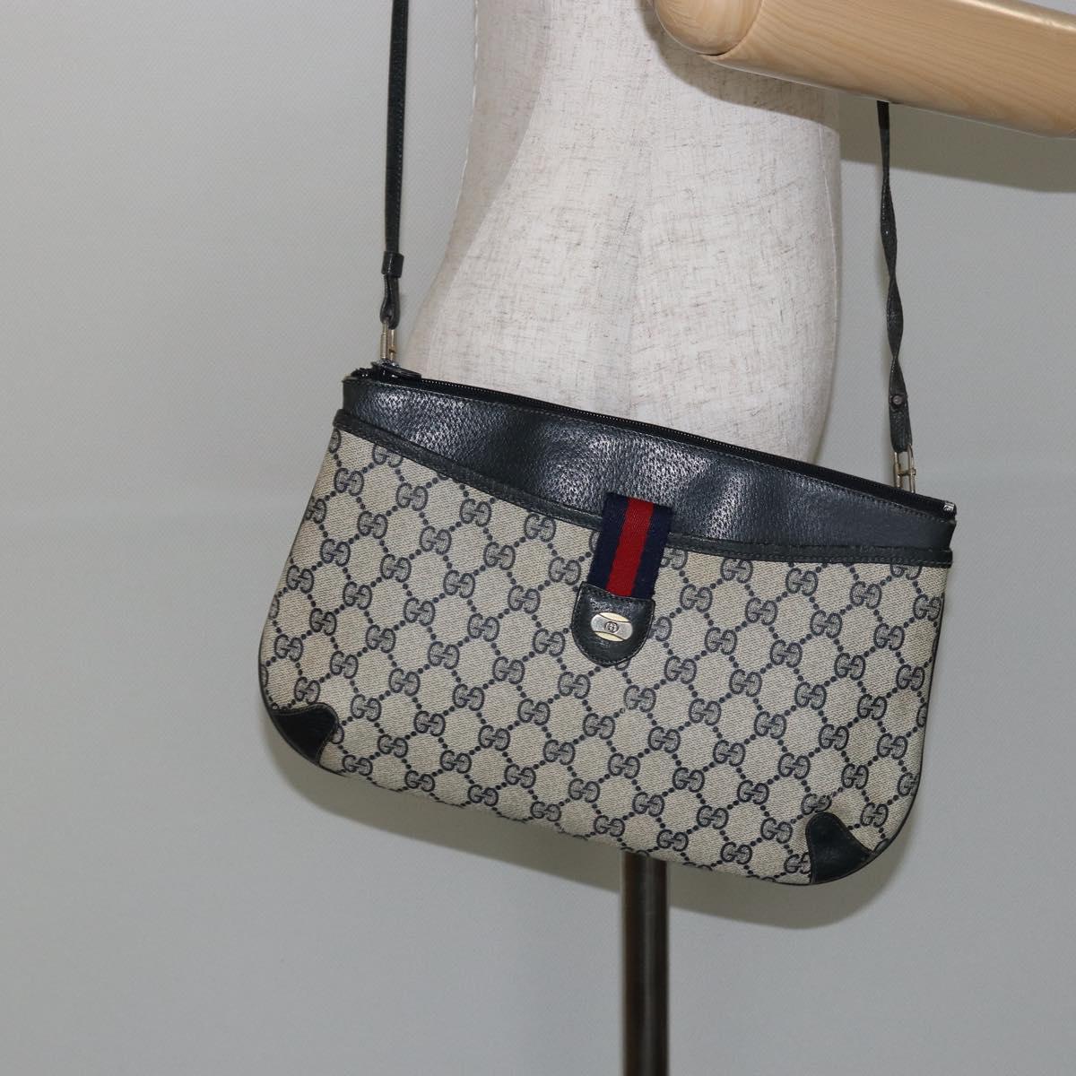 GUCCI GG Canvas Sherry Line Shoulder Bag PVC Leather Navy Red Auth 146144