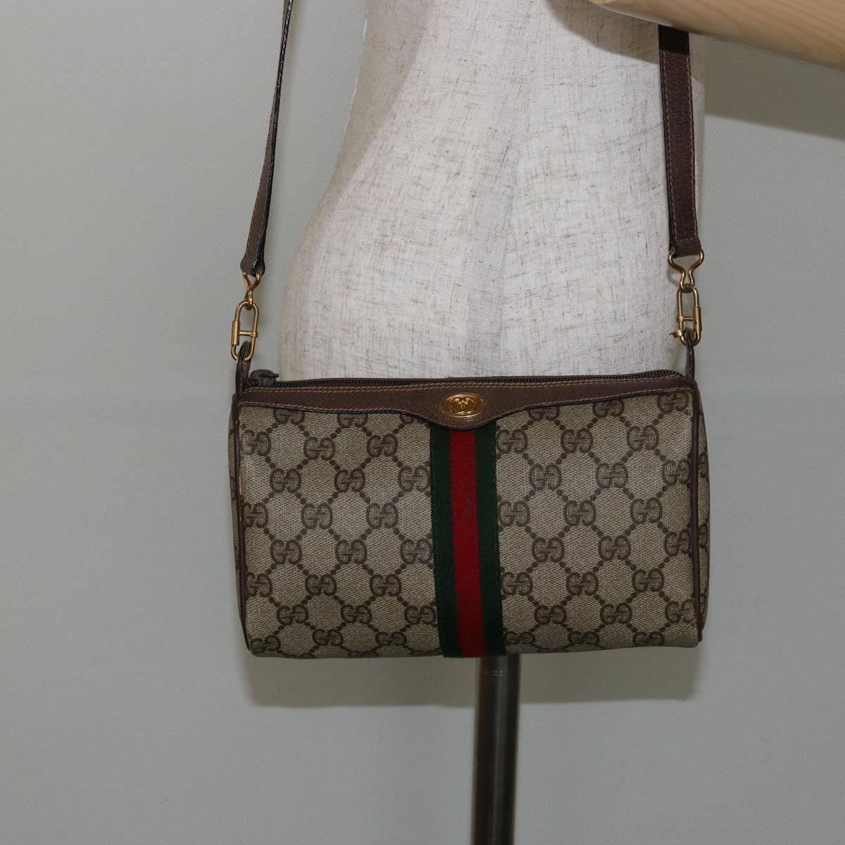 GUCCI GG Canvas Web Sherry Line Shoulder Bag PVC Leather Beige Red Auth 146145