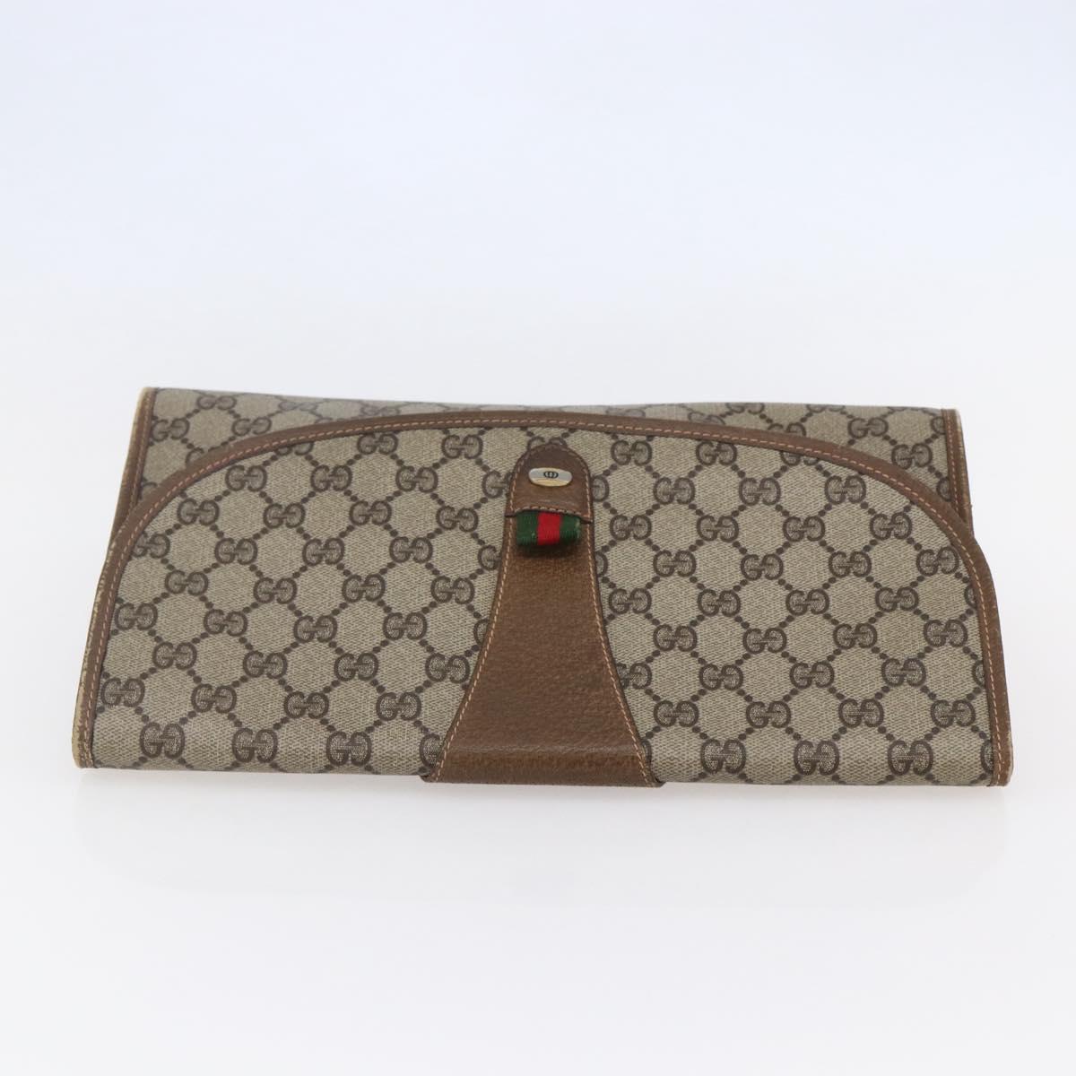 GUCCI GG Supreme Web Sherry Line Clutch Bag PVC Leather Beige Red Auth 146147