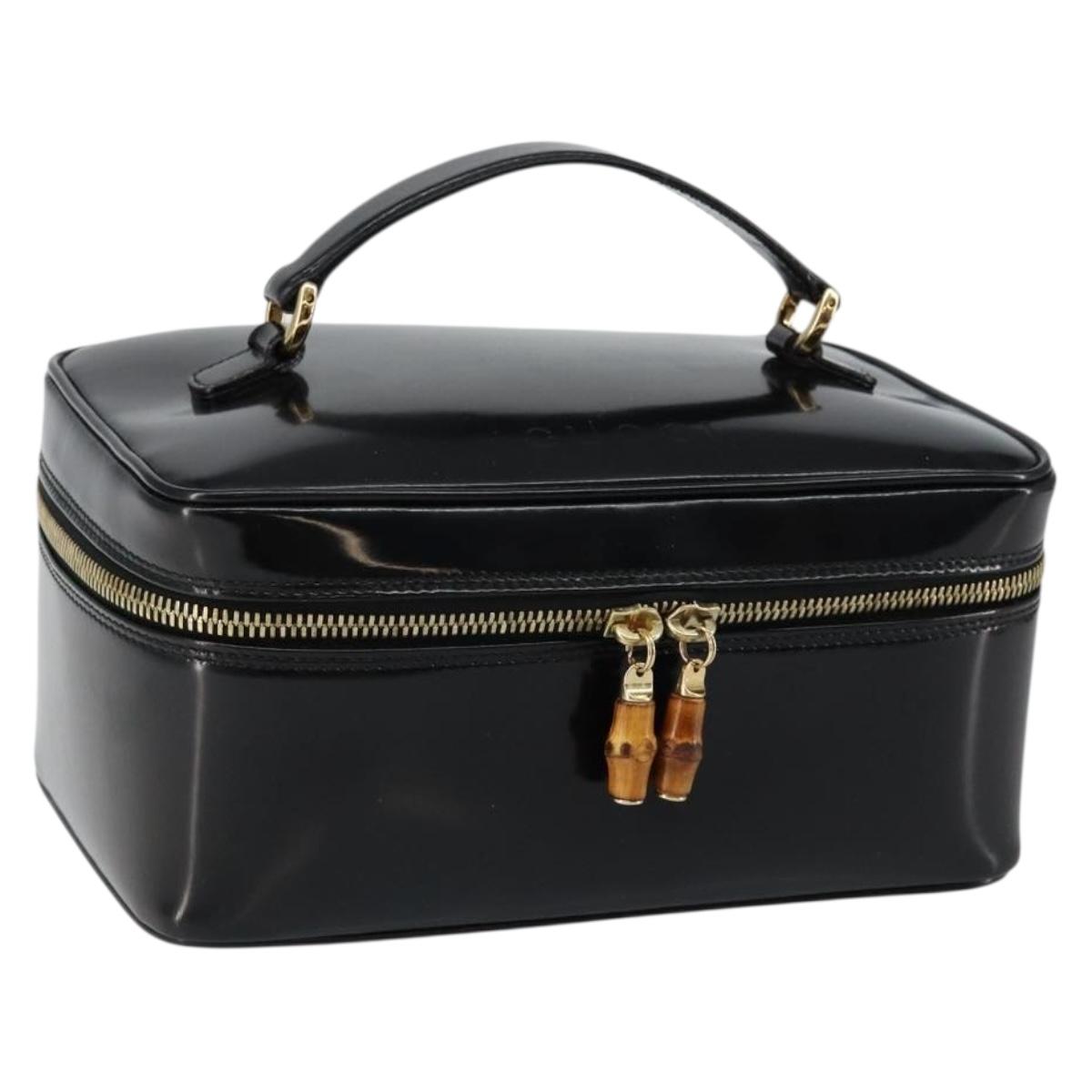 GUCCI Bamboo vanity Hand Bag Patent leather Black Auth 146152