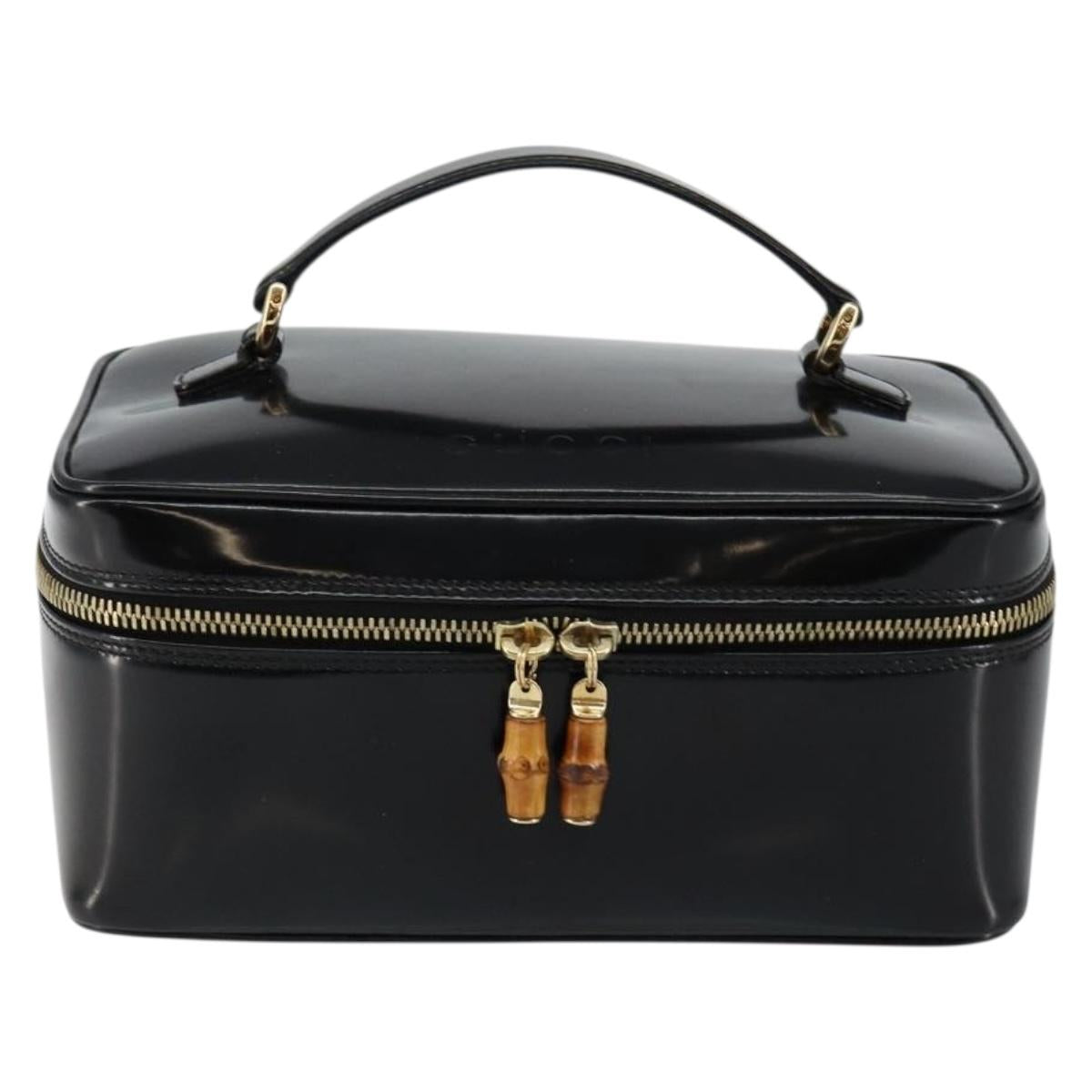 GUCCI Bamboo vanity Hand Bag Patent leather Black Auth 146152