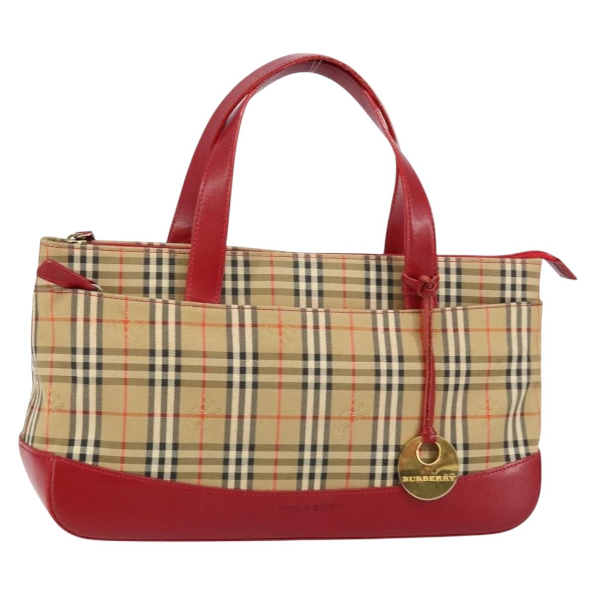 BURBERRY Nova Check Hand Bag Canvas Beige Red Auth 146153