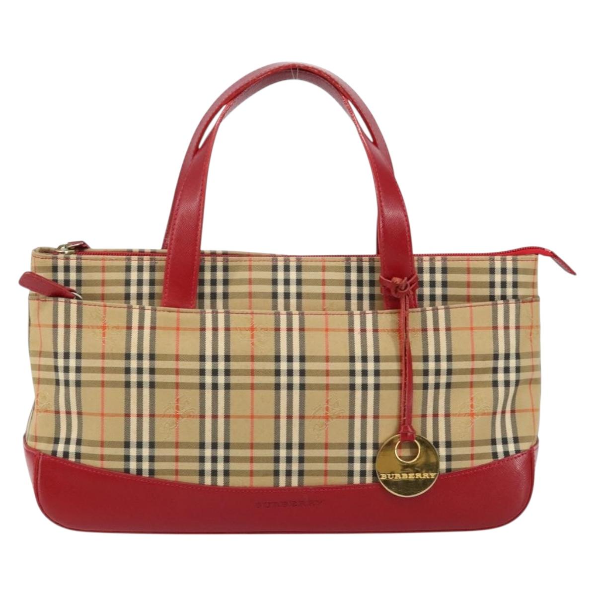 BURBERRY Nova Check Hand Bag Canvas Beige Red Auth 146153