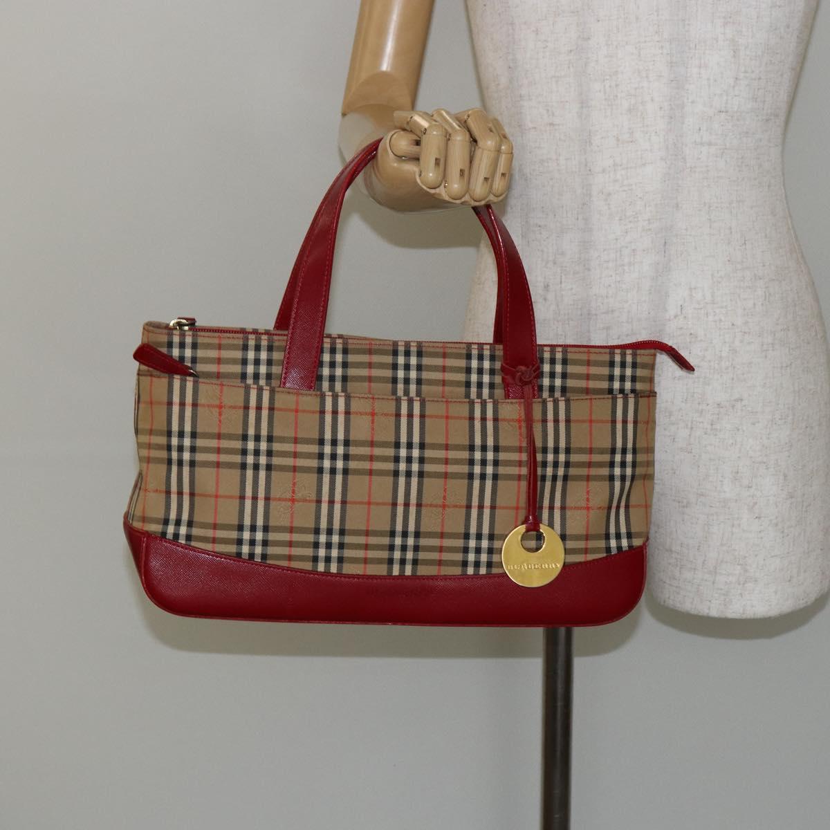 BURBERRY Nova Check Hand Bag Canvas Beige Red Auth 146153