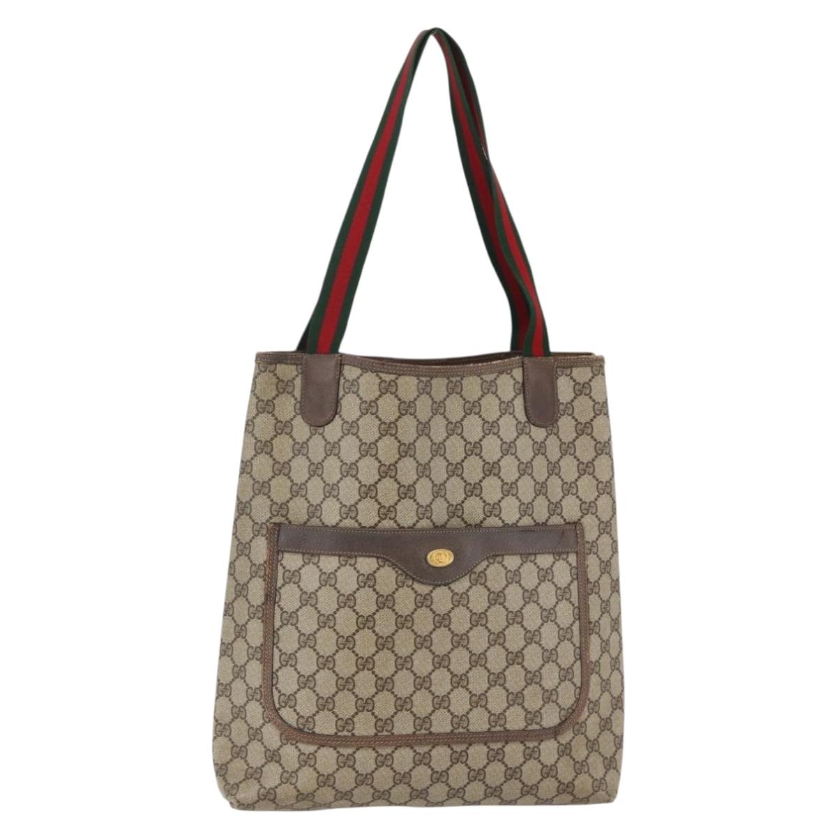 GUCCI GG Supreme Web Sherry Line Tote Bag PVC Leather Beige Red Auth 146158