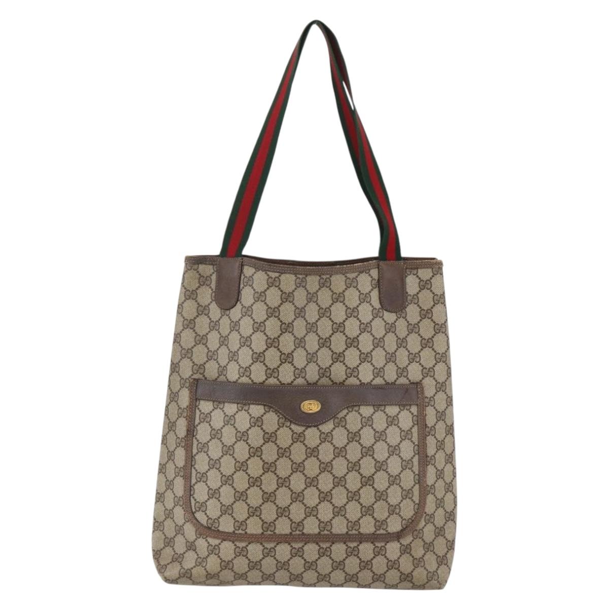 GUCCI GG Supreme Web Sherry Line Tote Bag PVC Leather Beige Red Auth 146158