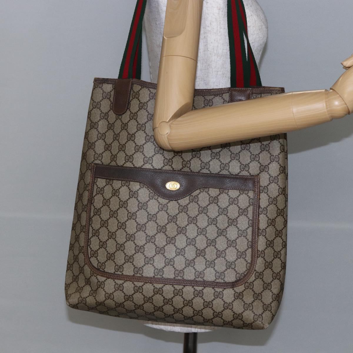 GUCCI GG Supreme Web Sherry Line Tote Bag PVC Leather Beige Red Auth 146158