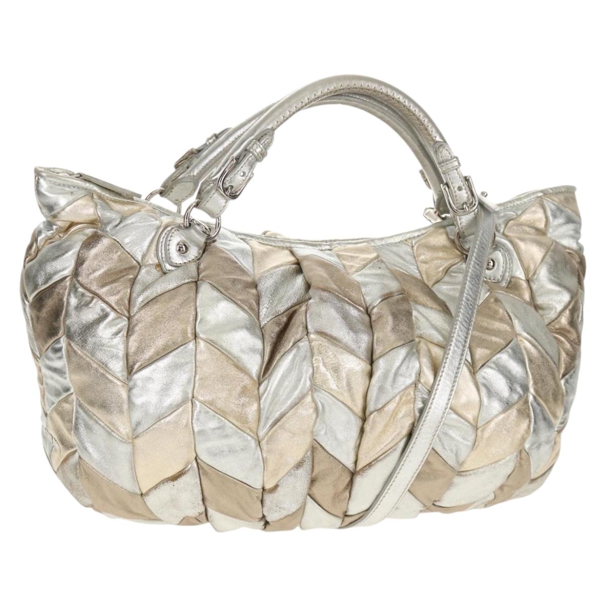 Miu Miu Hand Bag Leather 2way Champagne Gold Silver Auth 146159