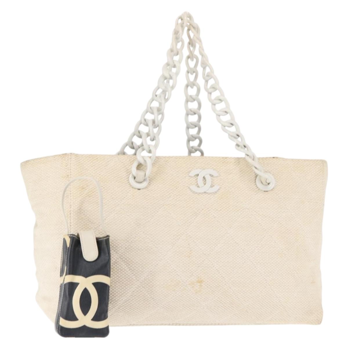 CHANEL Matelasse Tote Bag Straw White Gold CC Auth 146247