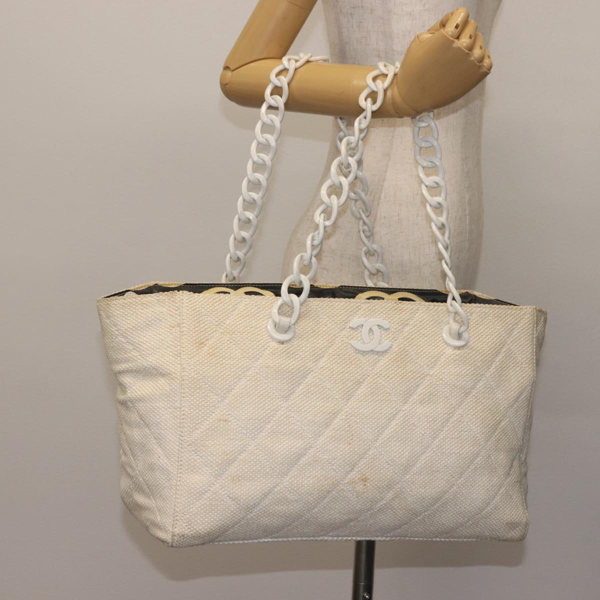 CHANEL Matelasse Tote Bag Straw White Gold CC Auth 146247