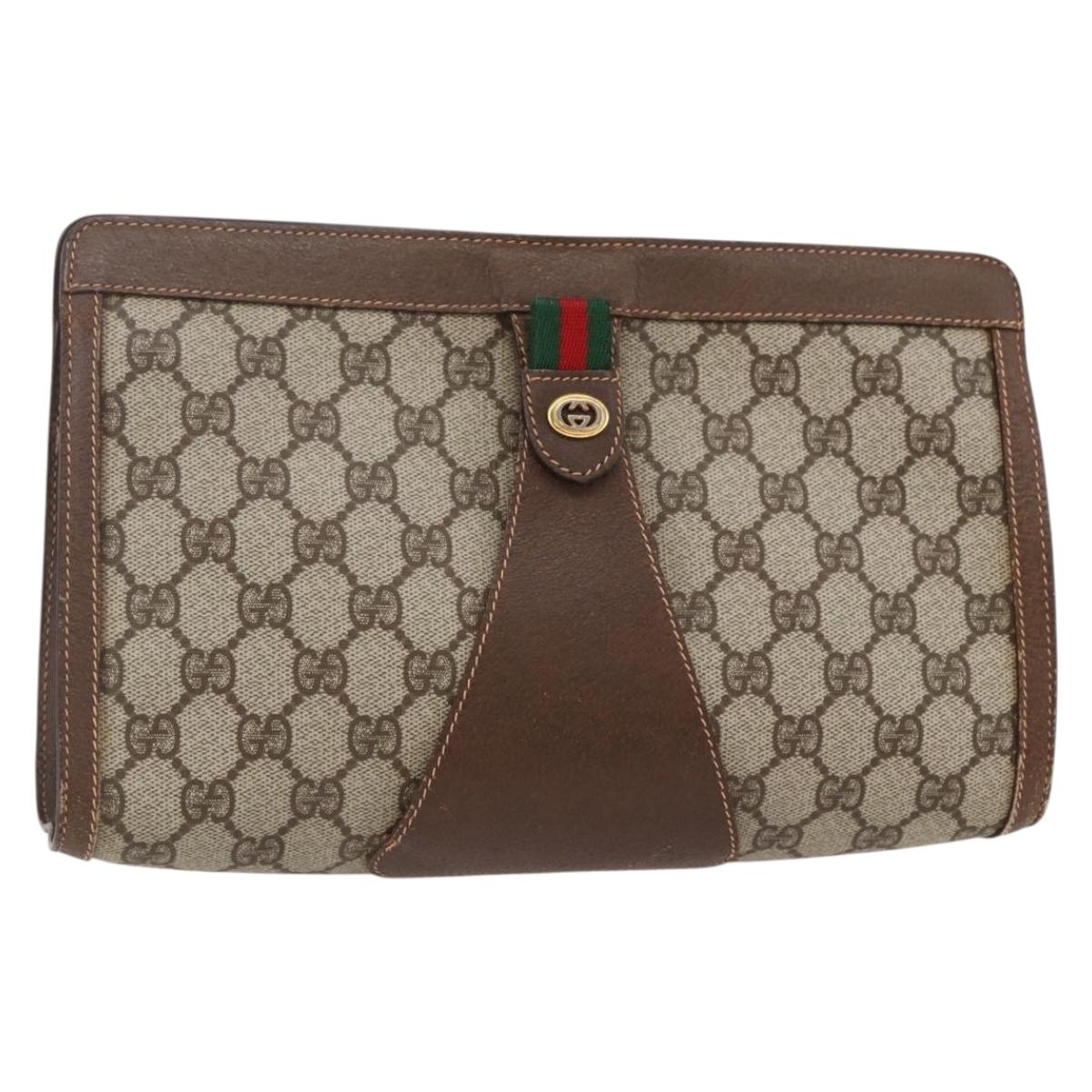 GUCCI GG Supreme Web Sherry Line Clutch Bag PVC Beige Red 156 01 033 Auth 146257