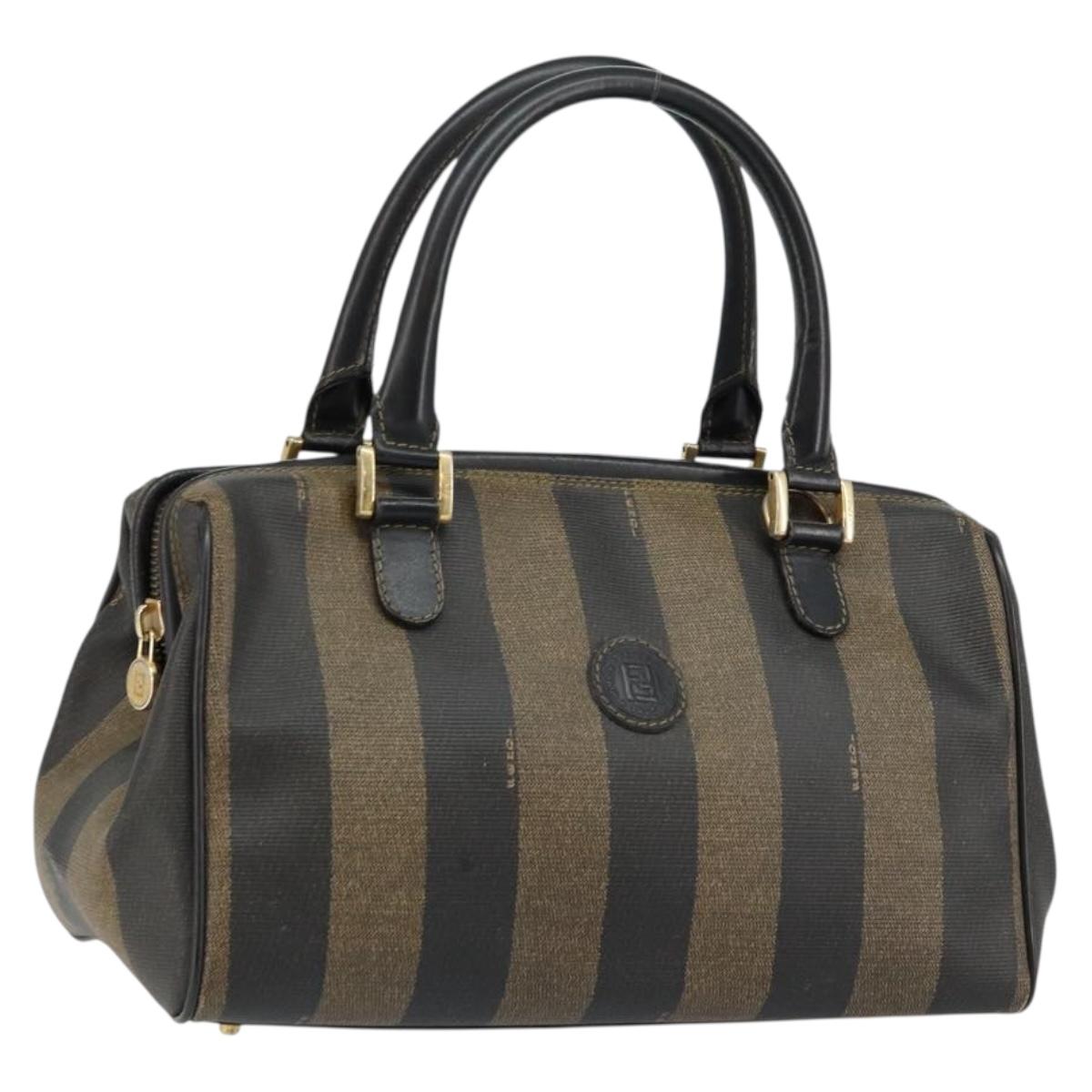 FENDI Pecan Canvas Hand Bag PVC Black Brown Auth 146279